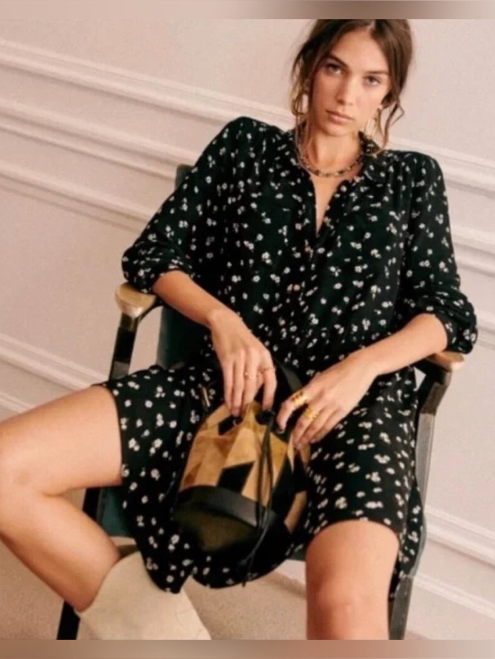 NWOT - Sezane Leana Dress 38 US 6 Black Floral Shirt Dress Long Sleeve Viscose
